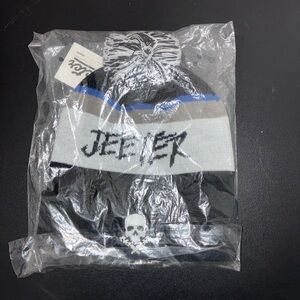 Black and Gray Jester Beanie with Skull Design